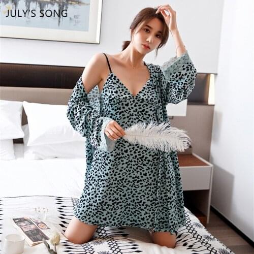 JULYS SONG Pajamas Set 2 Pieces Velvet Robe Set Leopard Print Autumn Winter Sexy V-neck Nightgown Elegant Suspender Sleepwear