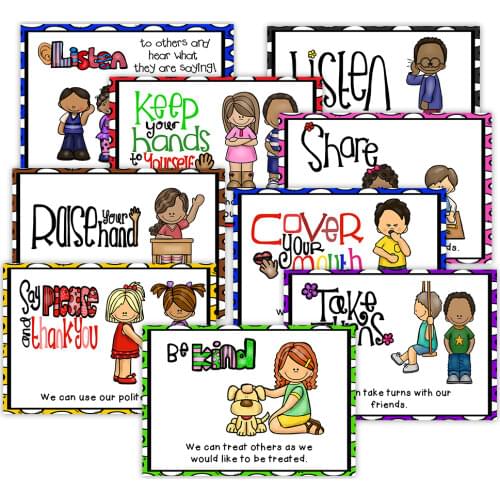 9Pcs A4 Plastic Cards English Poster Classroom Rules Kindergarten Wall Decoration Early Education Good Habits Good Manners