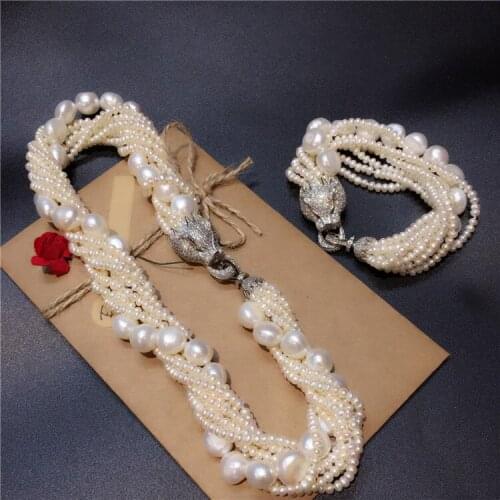 Leopard head clasp accessory white freshwater pearl necklace bracelet set fashion jewelry