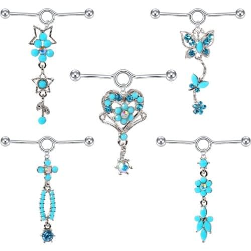 Stainless Steel Industrial Earrings, pointed star and blue turquoise flower pendant Industrial barbell Piercing goth jewelry