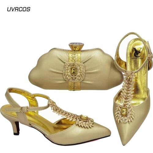 Special Style Nigerian Ladies Shoes And Bag Set African Design Matching Shoes And Bag Set high Heels Slipper in Gold