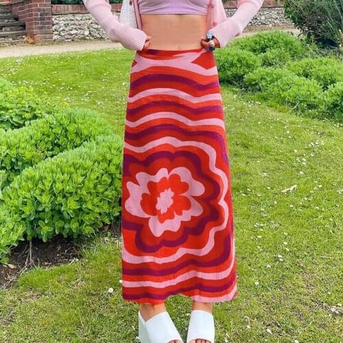 Print Red Midi Skirt Women A Line 90s Summer 2021 Casual Y2K High Waist Fashion Skirts Ladies Vintage