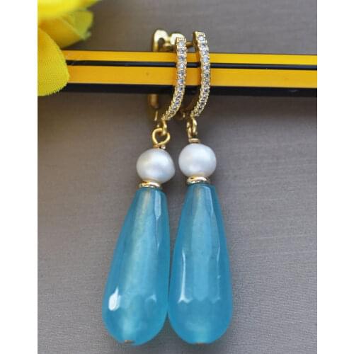 Z10978 28mm Blue Teardrop Faceted Aquamarine White Round Pearl Dangle Earring CZ