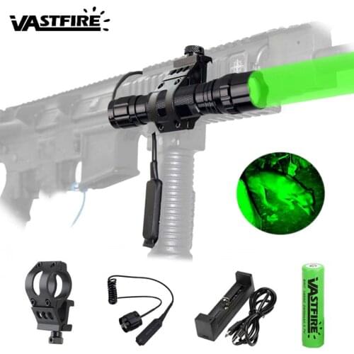 Green Light Tactical Zoomable LED Flashlight Spot Flood Light Torch Hunting Lamp with Pressure Switch+ Battery Charger+ Mount
