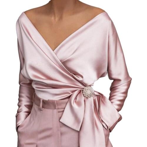 Lady Sexy Loose Blouse V Neck Solid Color Satin Long Sleeve Lace Up Ladies Elegant Spring Autumn Polyester Top