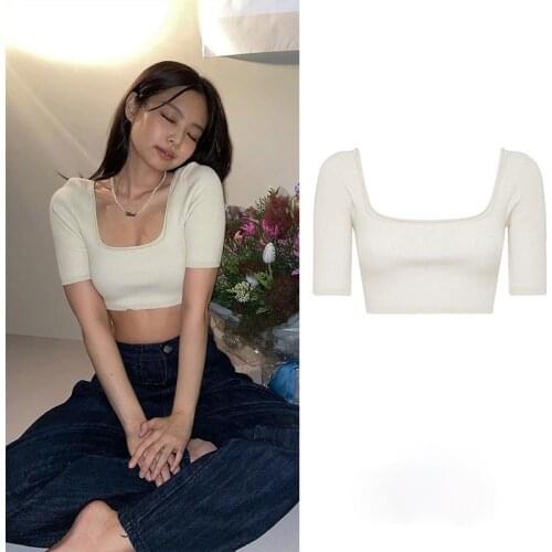 Kpop Korea Celebrity Women Sexy T-shirts Summer New Ribbed Knitted Short Sleeve Crop Tops Pullover Tees Female Slim White Tshirt