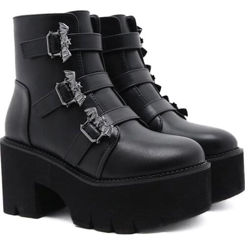 Winter Gothic Punk Womens Platform Boots Black Buckle Strap Zipper Creeper Wedges Shoes Mid Calf Military Combat Boots