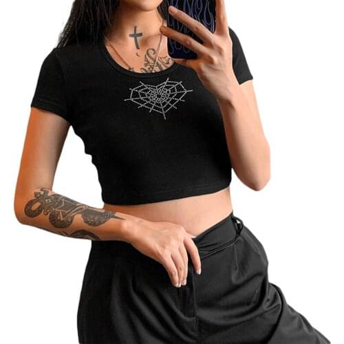 Women Summer Cropped Tops Short Shirt Thin Summer Round Neck Bare Navel Pullover Decorative Diamonds