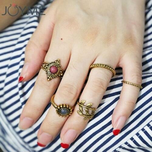 New design 5 pcs/ set rings for women antique gold red stone random size fashion bohemian boho vintage jewelry