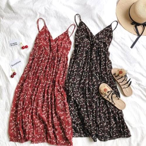 2020 Summer Chiffon Printed V-neck Pleated Mid-Length Suspender Dress for Women Woman Dresses Vestido De Mujer Femme Robe