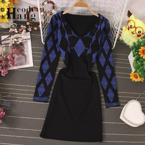 HangCode Autumn Winter Women Geometry Knitted Dress V-neck Long Sleeve Elegant Ladies Office Dress Business Short Women Dress