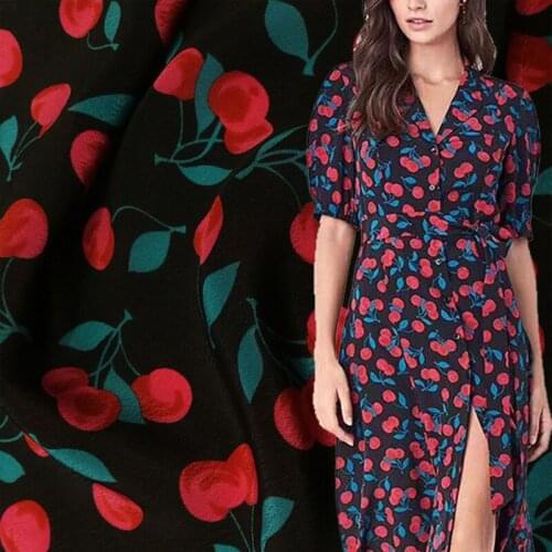 140 Cm Cherry Pattern Printed Crepe De Chine Fabric Good Anti-wrinkle Breathable Sewing Material for Dresses Cloth Per Meter