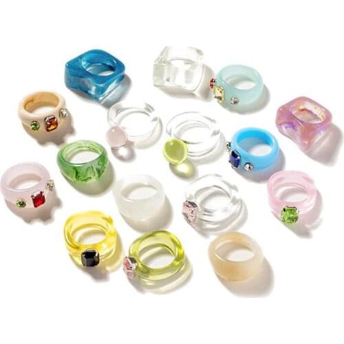 Acrylic Transparent Color Diamond Geometric Resin Ring Set Niche Personality One Size Set Ring