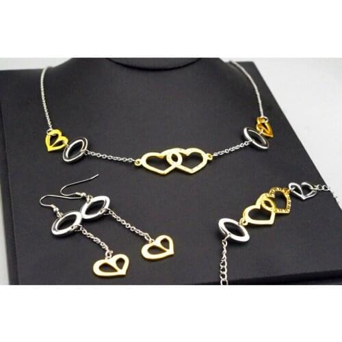 Accessories Gold Silver Color Crystal For Female Girls Double Heart Jewelry Sets Women Earrings Necklace Bracelet HZG049