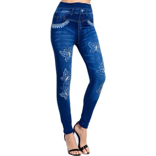 Fake Jeans Butterfly Print Stretchy Women Ankle Length Butt Lift Trousers for Dating