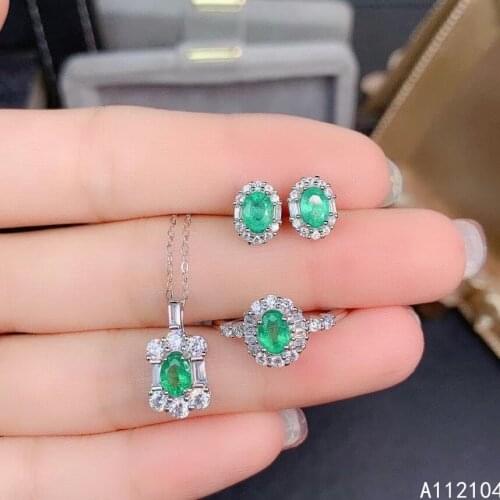 KJJEAXCMY fine jewelry 925 sterling silver natural emerald women classic exquisite plant gem earrings ring pendant suit support