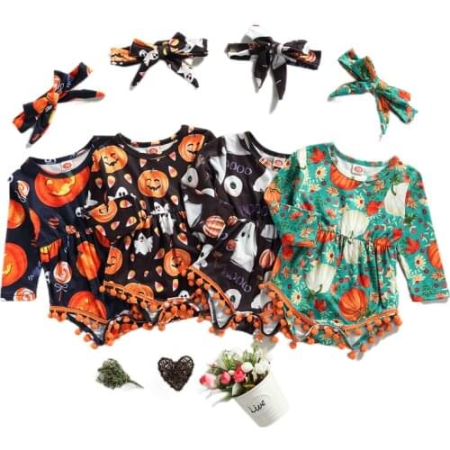 0-18 Months Newborn Baby Girl Halloween Outfit Romper Bodysuit Ghost Jumpsuit with Headband 2PCS Clothes Set Childrens Clothing