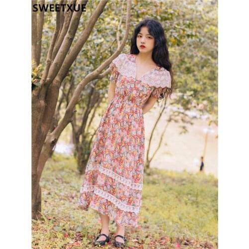 Lace Print Dress Chiffon Cute Kawaii Party Chic Long Dress Lolita High Waist V-neck Vestidos Robe Femme