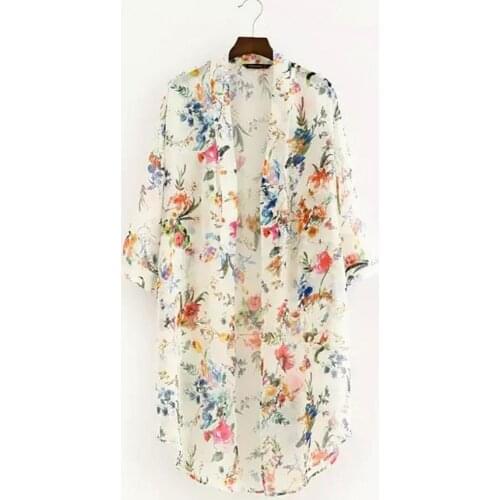 Summer Swimwear for Girls Floral Printed Long Loose Kimono Cardigan Blouse Tops Cover Up Women Clothes