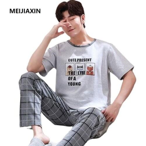 Summer Knitted Cotton Men Pajamas Short Tops+Long Pants Two Pieces Set Sleepwear Casual Soft Loose Plus Size 4XL Male Nightwear