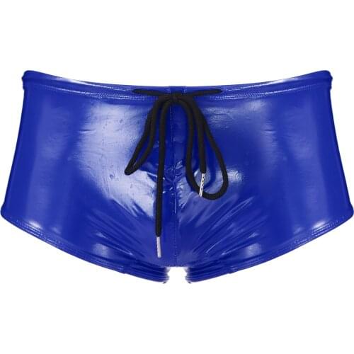 Mens Wet Look Patent Leather Party Clubwear Lingerie Underwear Male Swimming Trunks Low Rise Drawstring Boxer Shorts Swimwear