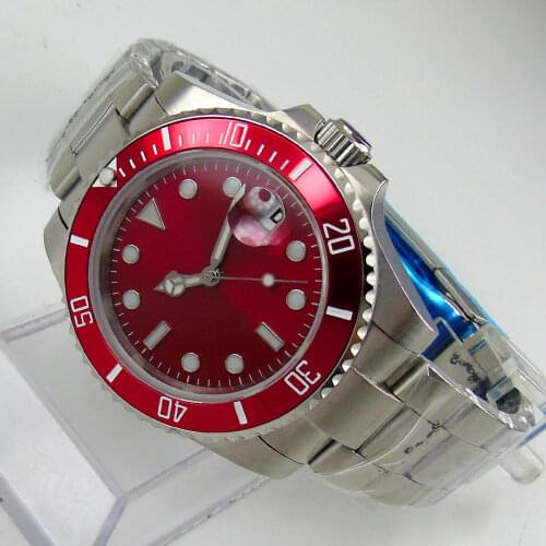 BLIGER Red 24 Jewels NH35A MIYOTA 8215 Mechanical Men Watch Sapphire Glass Oyster Bracelet Date Display Screwdown Crown