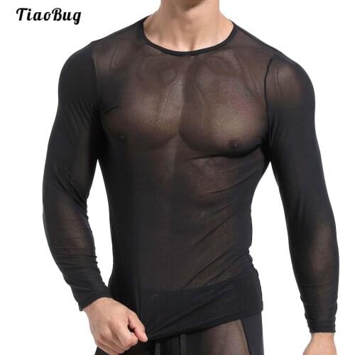 TiaoBug Man Pure Color See-Through Mesh Round Neck Long Sleeve Stretchy Slim Fit Sport Top For Sport Cycling Fitness Workout