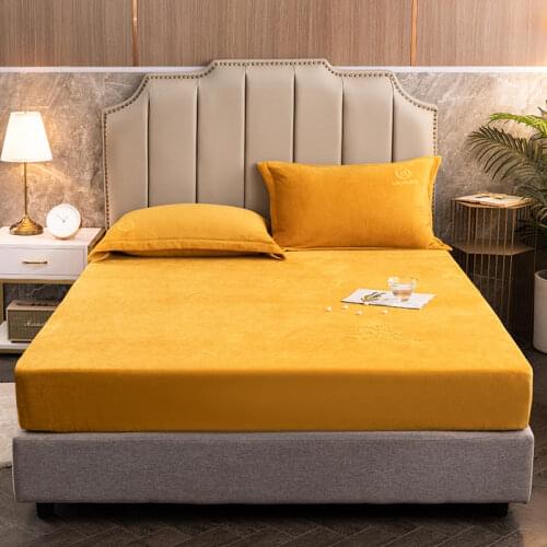 1 pc Flannel Mattress Cover With Elastic Queen King Size Bedding Yellow Color Plain Dyed Simple Style Double Bed Protection Pad