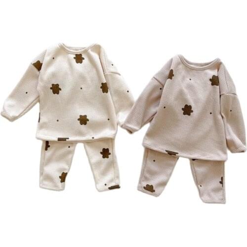 2021 New Autumn Korean Style Newborn Baby Clothes Set Infant Boys Girls Bear Print Shirt+Pants Cotton Children Kids Tracksuit