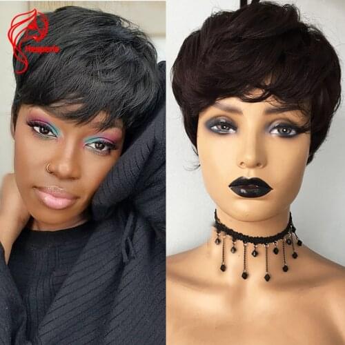 Hesperis Natural Wave Short Pixie Cut Human Hair Wigs With Bang Full Machine Made Brazilian Remy Hair Wigs For Black Women