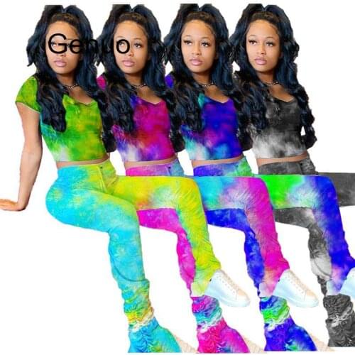 Sexy Tie Dye Two Piece Set Women Summer Clothes Crop Top And Split Hem Stacked Leggings Pant Matching Sets Club Outfits