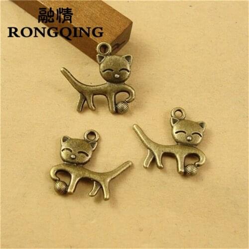 RONGQING 50pcs/lot 18*19MM Playing Cat Charms Bronze Lots for Jewelry Making Animal Pendant Crafts