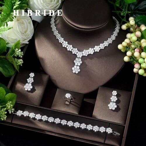HIBRIDE Luxury White Color Flower Shape Design Women Bridal Jewelry Set Dress Necklace Earring Jewelry Set for Party Gits N-1043