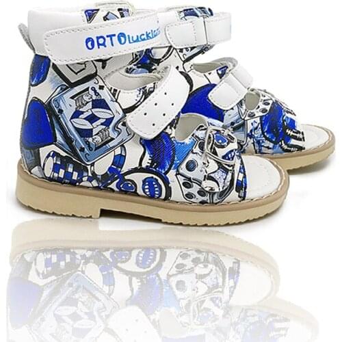 Toddler Boys Blue Graffiti Leather Sandals Babies Orthotic Indoor Buckle Strap Tiptoe Shoes For Kids Kindergarten School Wearing