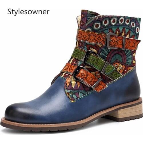 Stylesowner High Quality Hot Cow Leather Woman Ankle Boots Spring Autumn Popular Retro Behemian Boots Buckle Strap Ethnic Style