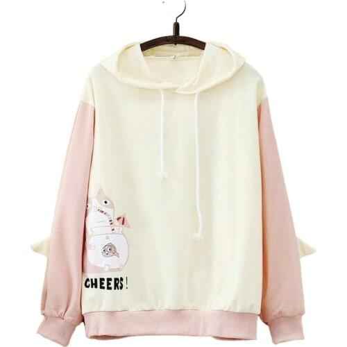 Women Funny Cat Drinking Beverage Printing Color Matching Loose Sweatshirts Long Sleeve Harajuku Hoodies 2020 Autumn Tracksuit