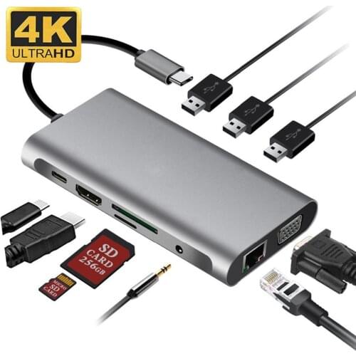 Tebe USB Type C Hub To Dual 4K USB3.0 USB2.0 10-in-1 PD Charging VGA RJ45 HDMI-compatibl With TF/SD Card Slot USB HUB Adapter
