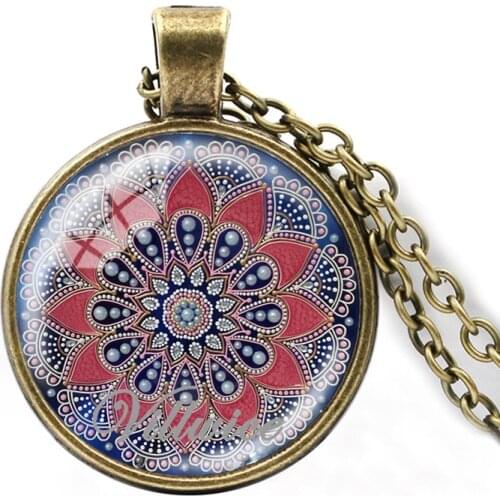 VILLWICE Newest Azul Lace Art Picture Necklace Glass Dome Sacred Geometry Flower Mandala Necklace For Women Jewelry Gifts