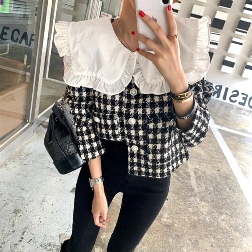 Fashion Spring Peter Pan Collar Fake Two Pieces Bird Lattice Jacket Women Short Black White Single-breasted Retro Tweed Coat