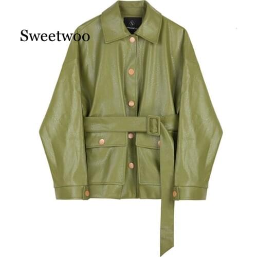 Green Vintage Faux Leather Jacket Plus Size Women Autumn Female Korean Waist Belt Jacket Large Size Ladies PU Coat Oversize