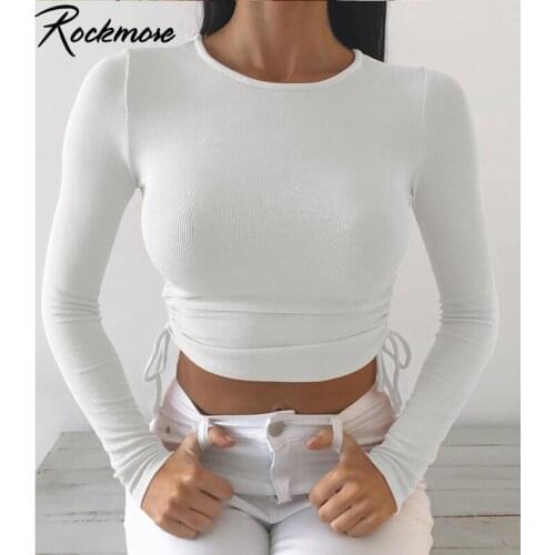 Rockmore Cotton Tshirts Women Long Sleeve Crop Tops Plain Drawstring Ruched Skinny Casual Basic T-Shirts Harajuku Cropped Tee