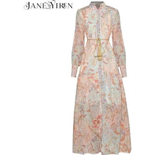 Janeyiren 2021 fashion Runway Women long dress Lantern sleeve vintage pattern print Single-breasted elegant dress