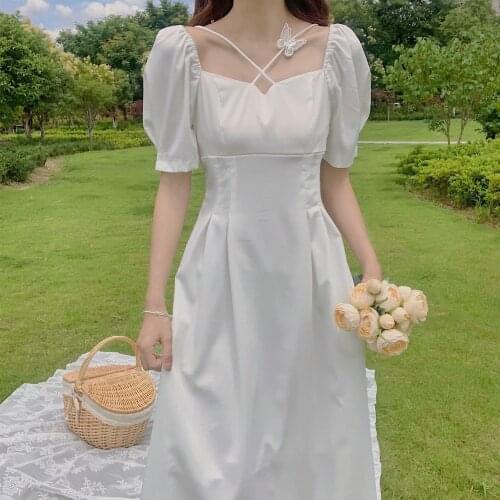 French Gentle Wind White Chiffon Dress 2021 Summer New Cross Butterfly Tie Temperament Dress