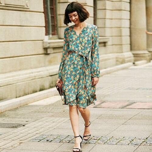 100% Silk Dress Women Casual Style Flower Printed V Neck Long Sleeves Dresses Elegant New Fashion