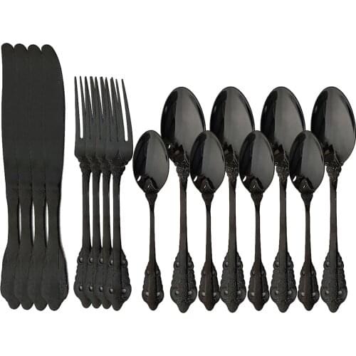 16Pcs/Set Black Luxury Vintage Cutlery Set 304 Stainless Steel Knife Fork Spoon Dinner set Rose Gold Tableware Dinnerware Set