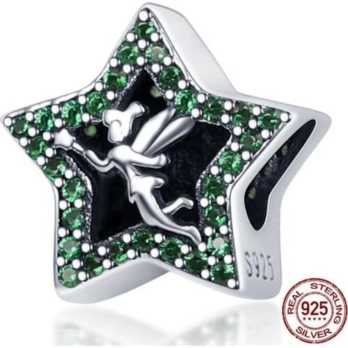Genuine 925 Sterling Silver Green Zircon Five-Pointed Star Beads Fit Original 3mm Bracelet&Bangle Fashion DIY Jewelry For Women