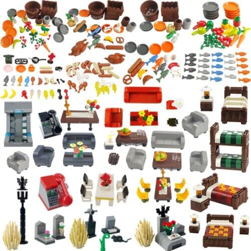 City Series Bunk Bed Dining Table Food Phone Model Toys Educational Building Blocks Suitable for Kids Cultivate Interest Cities