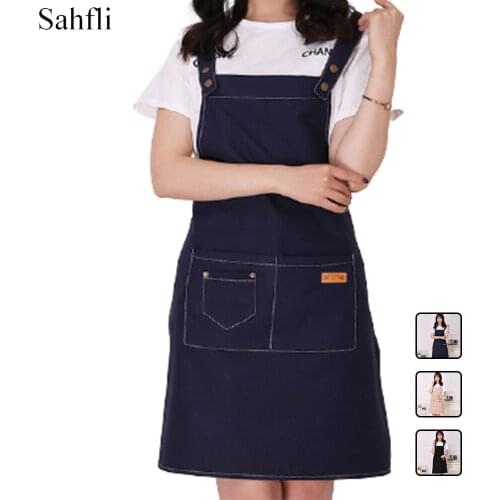 New Style Korean Canvas Material Catering Work Adult Sleeveless Apron Double-shoulder strap design large pockets on the front