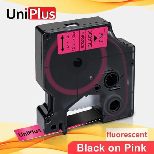 UniPlus Fluorescent Label Tape 12mm*3m Replace Dymo D1 Tape Black on Fluorescent Pink for Dymo Label Maker Printer 350 160 150