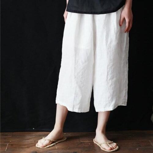 Johnature 2021 New Summer Calf-length Pants Casual Loose Mid Elastic Waist Solid Pocket Trousers Comfortable Wide Leg Pants